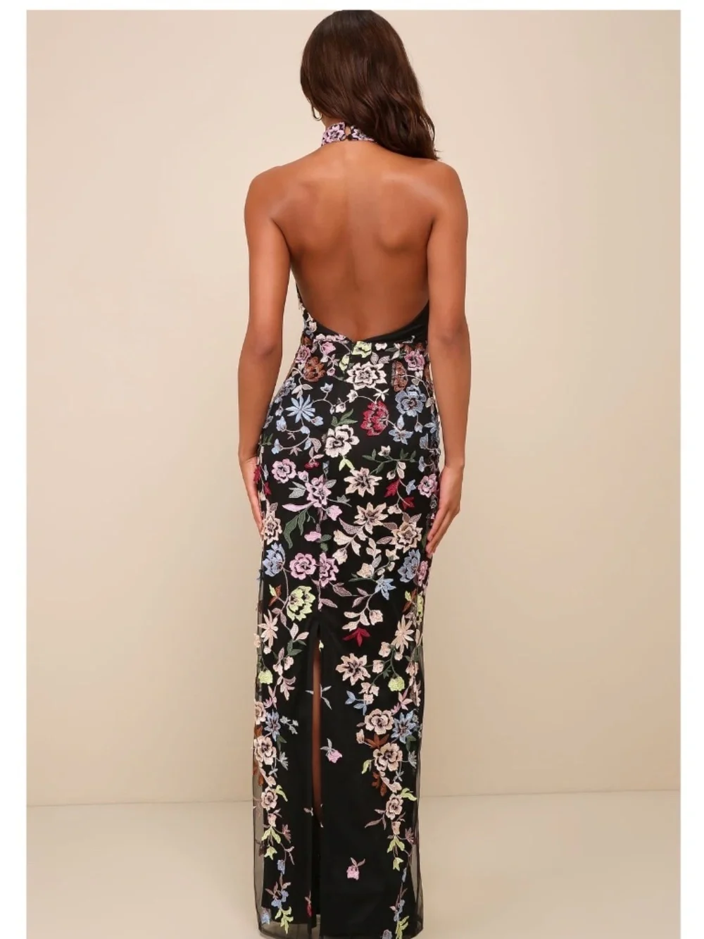 NWT Lulus Infinite Praise Black 3D Floral Embroidered Halter Maxi Dress XS